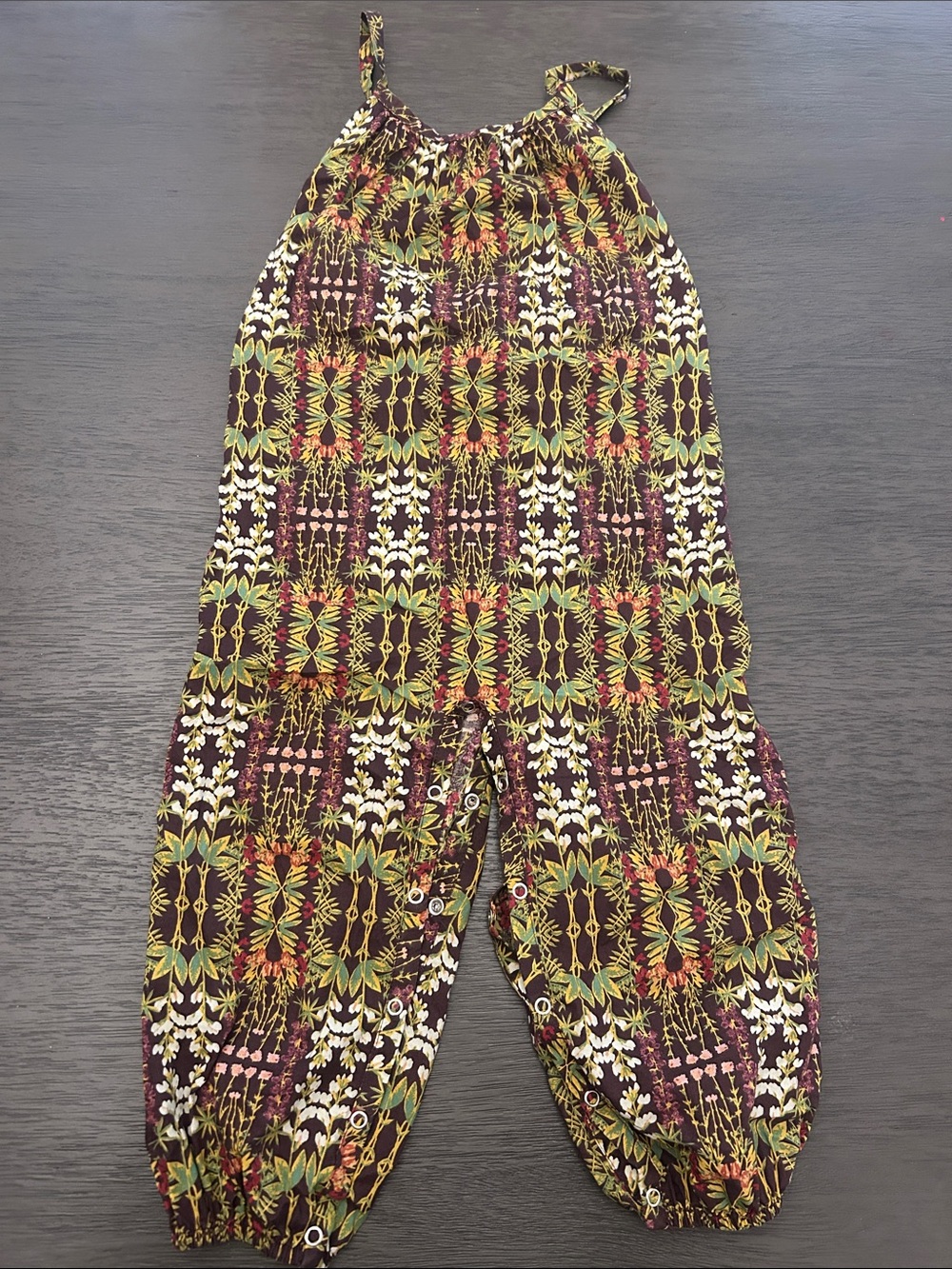 kate quinn Brown Floral Print Kids Romper with Green & Yellow Accents